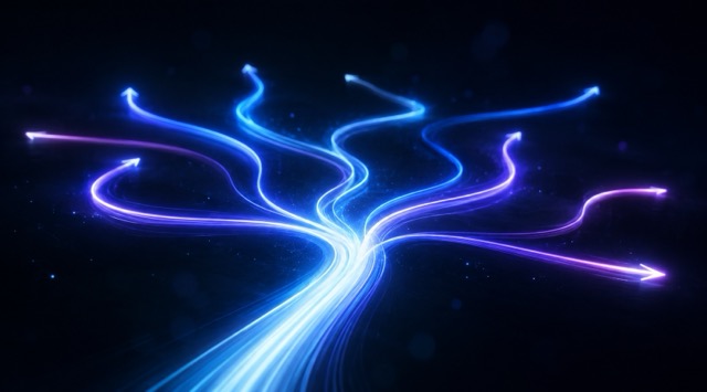 Kurs-Titelbild Fortgeschrittene Prompt-Techniken: leuchtende Lichtspur, die sich nach oben in viele einzelne Pfeile verzweigt (KI-generiert)