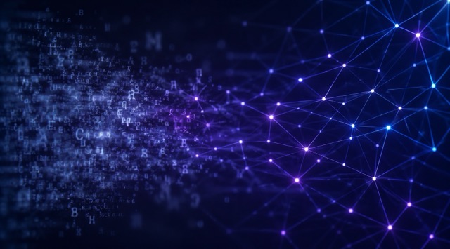Kurs-Titelbild Wie Sprachmodelle (LLM) funktionieren: Wolke einzelner Buchstaben, die nach rechts in ein Netz aus Punkten und Linien übergeht (KI-generiert)