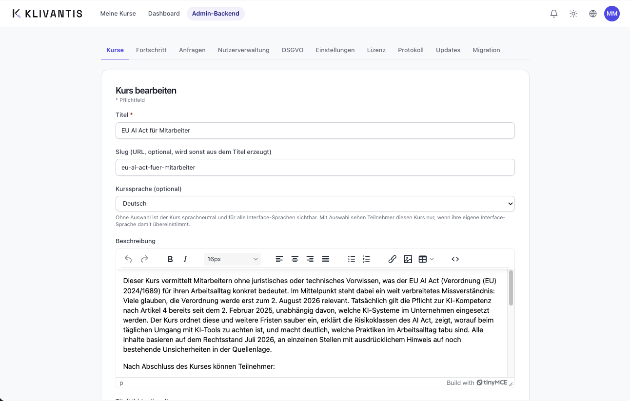 Echter Screenshot: Kurseditor der Team-Training-App mit WYSIWYG-Editor
